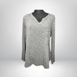 Lucky Brand Grey Embroidered Boho 3/4 Sleeve Top (XL)